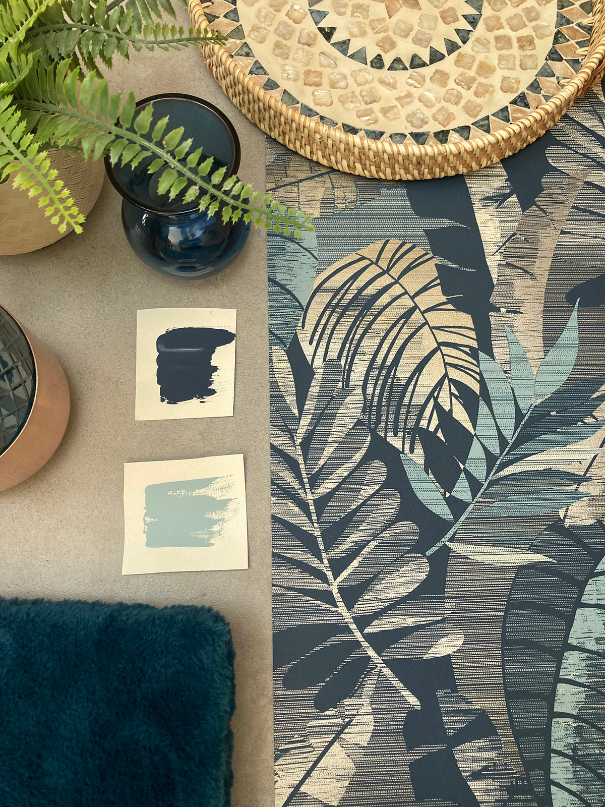 Sarika Leaf Blue/Gold Wallpaper by Belgravia