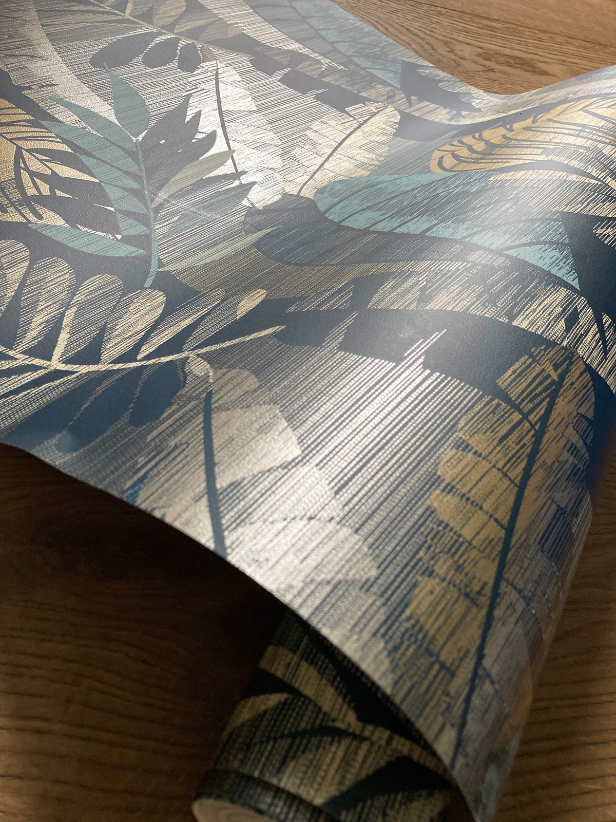 Sarika Leaf Blue/Gold Wallpaper by Belgravia