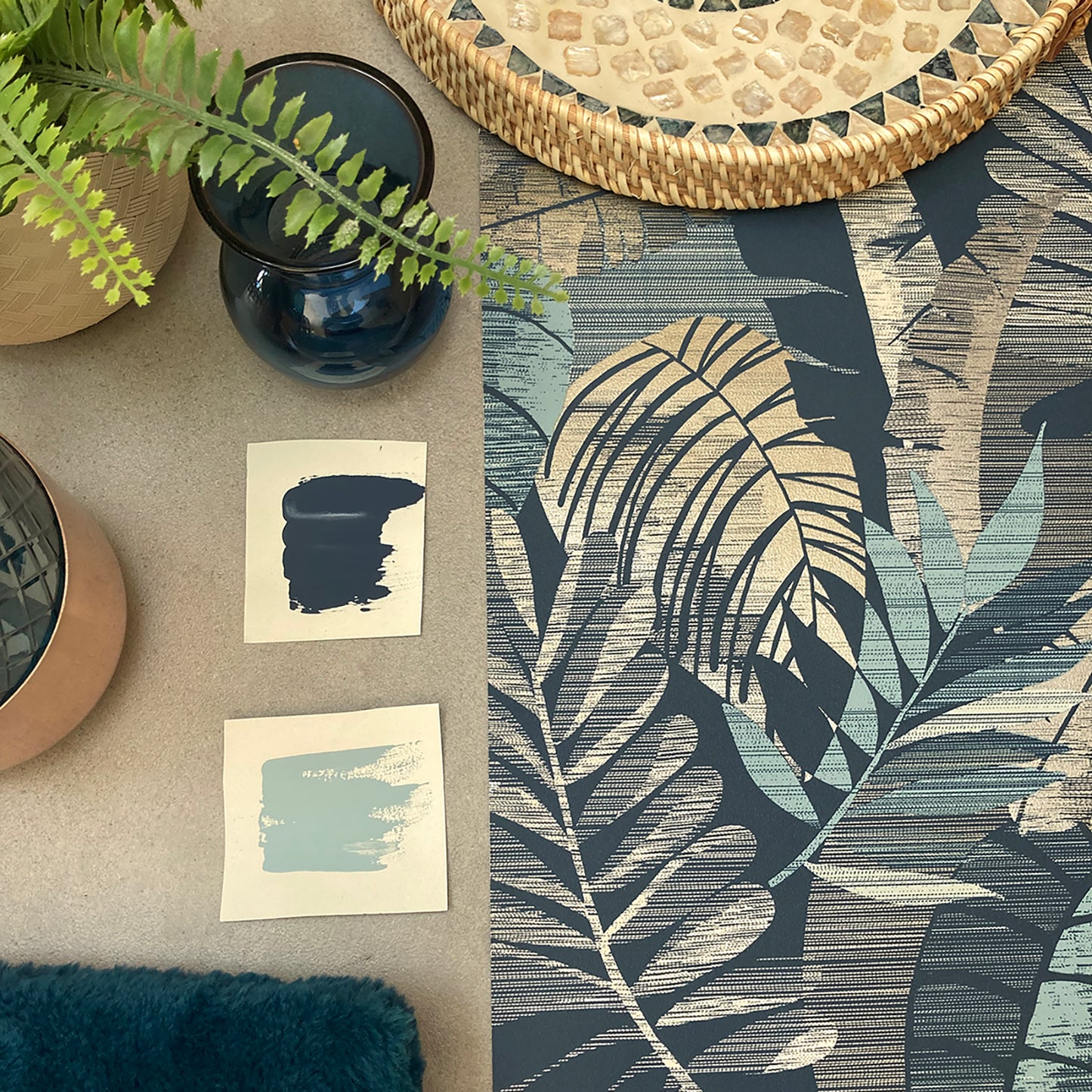 Sarika Leaf Blue/Gold Wallpaper by Belgravia