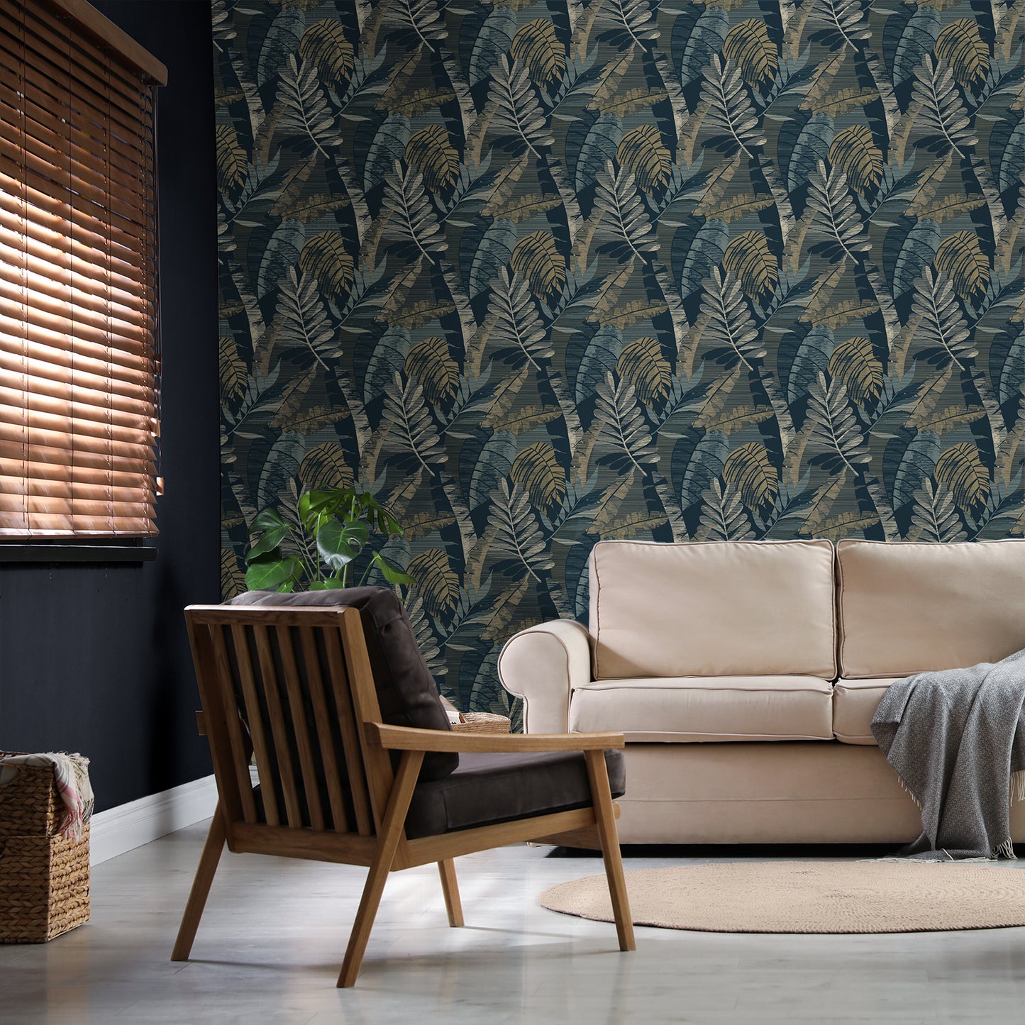 Sarika Leaf Blue/Gold Wallpaper by Belgravia