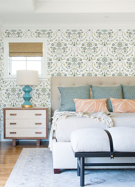 Britt Ochre/Turquoise Embroidered Damask Wallpaper by A Street Prints