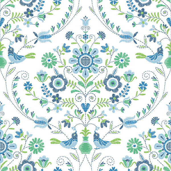 Britt Blue/Green Embroidered Damask Wallpaper by A Street Prints