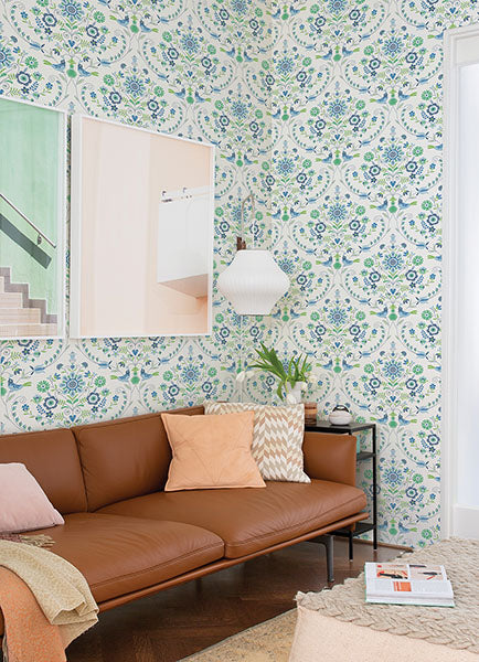 Britt Blue/Green Embroidered Damask Wallpaper by A Street Prints