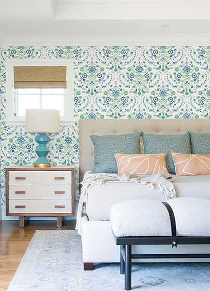 Britt Blue/Green Embroidered Damask Wallpaper by A Street Prints
