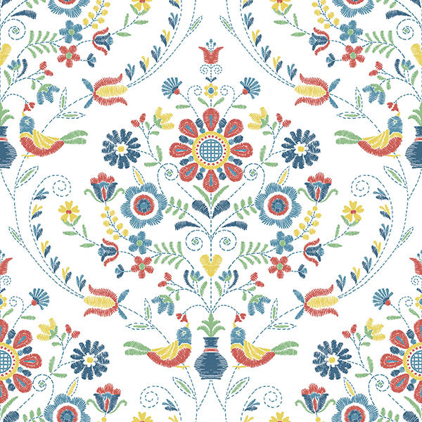 Britt Red/Blue Embroidered Damask Wallpaper by A Street Prints