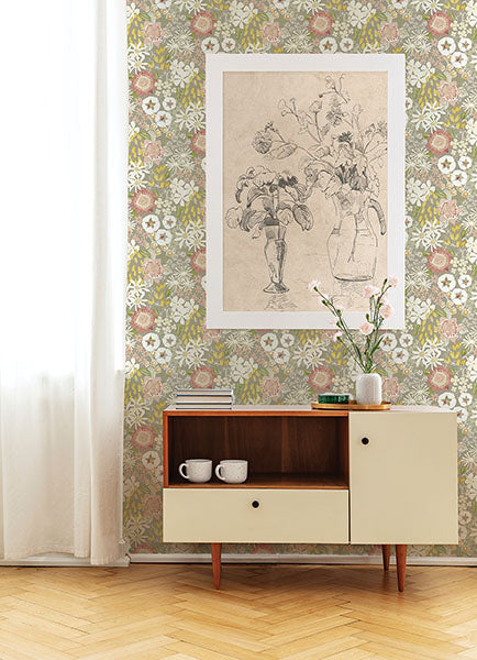 Karina Natural/Pink Wildflower Garden Wallpaper by A Street Prints