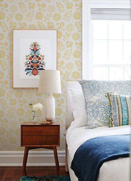Inge Yellow Floral Block Print Wallpaper by A Street Prints