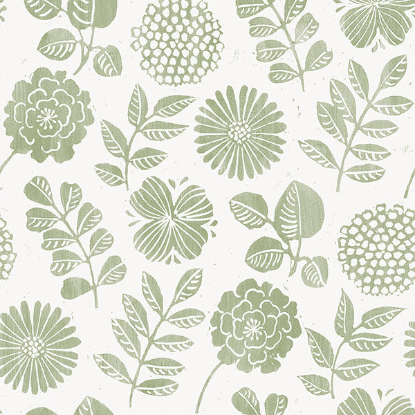 Inge Green Floral Block Print Wallpaper by A Street Prints