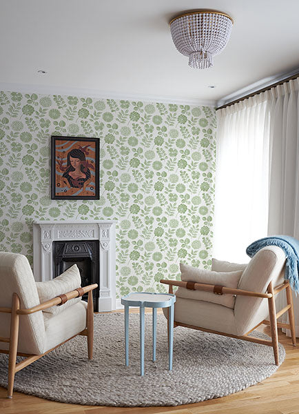 Inge Green Floral Block Print Wallpaper by A Street Prints