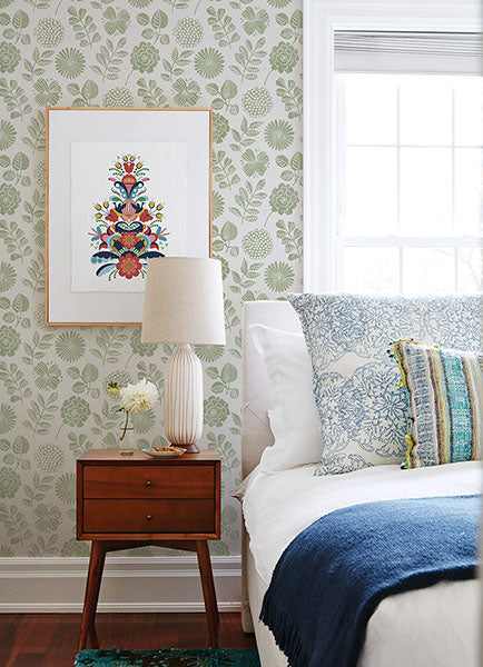 Inge Green Floral Block Print Wallpaper by A Street Prints