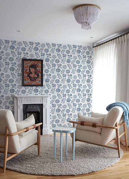 Inge Blue Floral Block Print Wallpaper by A Street Prints