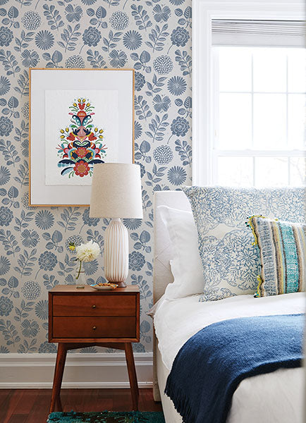 Inge Blue Floral Block Print Wallpaper by A Street Prints