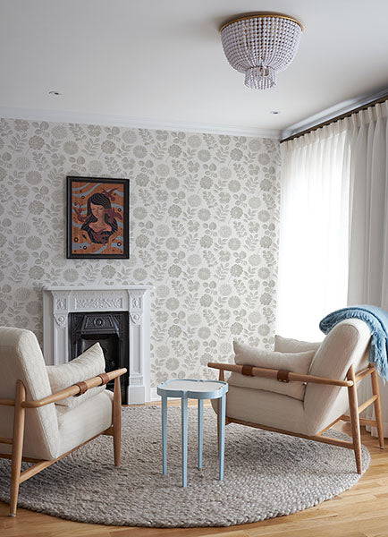 Inge Grey Floral Block Print Wallpaper by A Street Prints