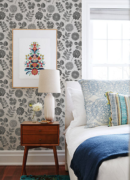 Inge Black Floral Block Print Wallpaper by A Street Prints
