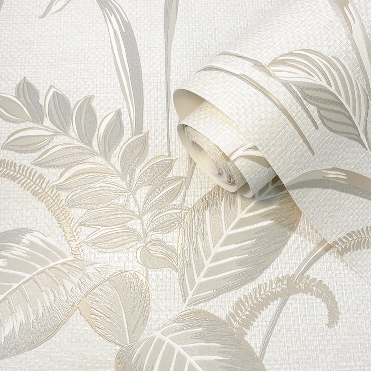Palma Leaf White/Champagne Luxury Heavyweight Textured Wallpaper by Belgravia Décor