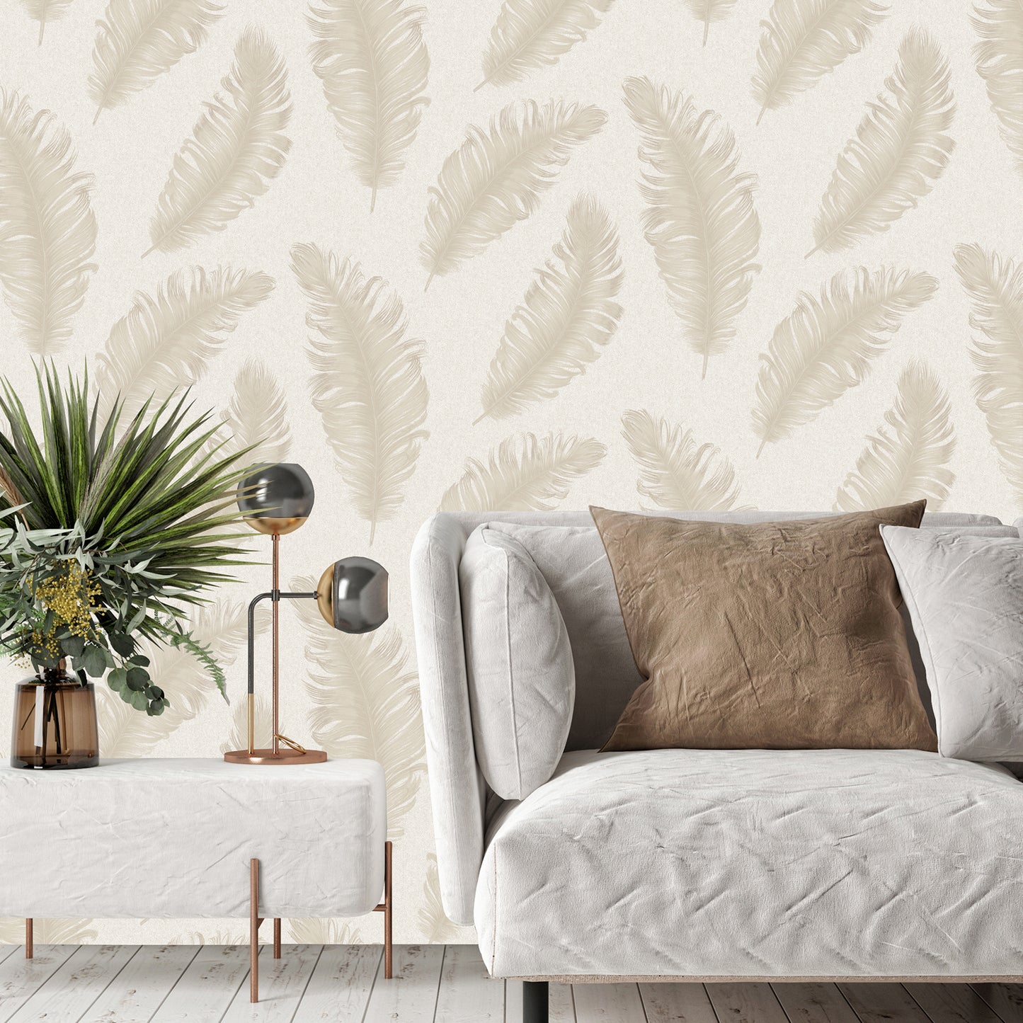 Ciara Cream/Soft Beige Glitter Feather Wallpaper by Belgravia Decor