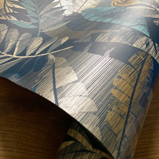 Sarika Leaf Blue/Gold Wallpaper by Belgravia