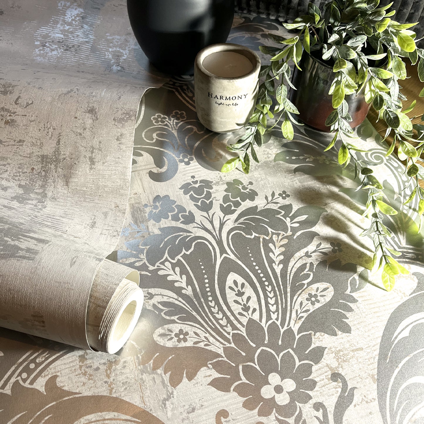 Damask Plaster Silver/Cream Wallpaper by Belgravia Décor