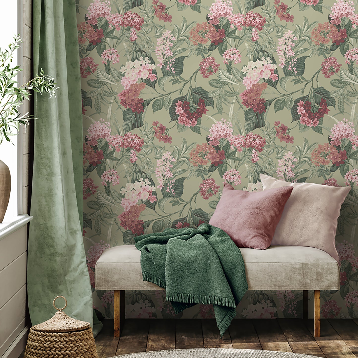 Misaki Floral Sage/Pink Wallpaper by Belgravia Décor