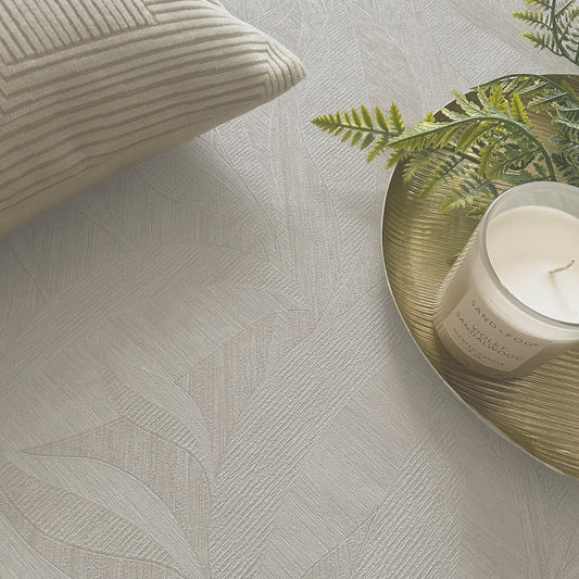 Langdale Leaf Light Beige Textured Wallpaper by Belgravia Décor