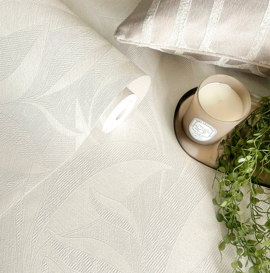 Langdale Leaf Ivory Textured Wallpaper by Belgravia Décor