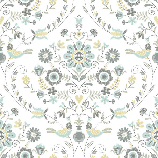Britt Ochre/Turquoise Embroidered Damask Wallpaper by A Street Prints
