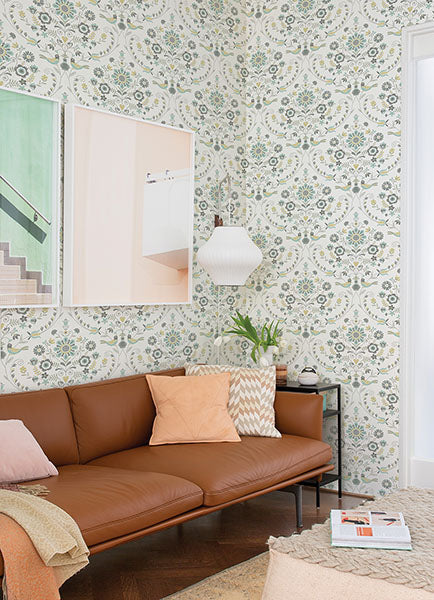 Britt Ochre/Turquoise Embroidered Damask Wallpaper by A Street Prints
