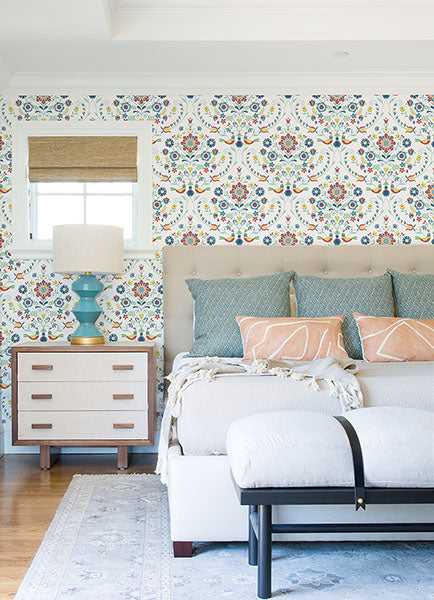 Britt Red/Blue Embroidered Damask Wallpaper by A Street Prints