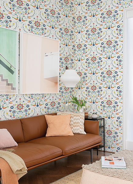 Britt Red/Blue Embroidered Damask Wallpaper by A Street Prints