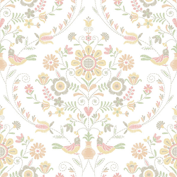 Britt Peach Embroidered Damask Wallpaper by A Street Prints