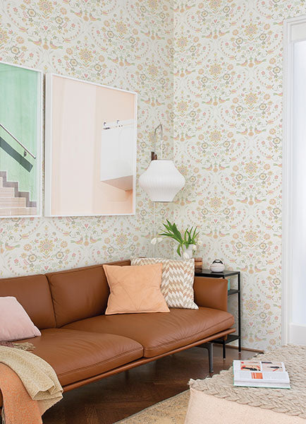 Britt Peach Embroidered Damask Wallpaper by A Street Prints