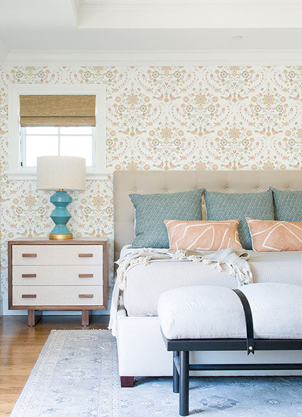 Britt Peach Embroidered Damask Wallpaper by A Street Prints