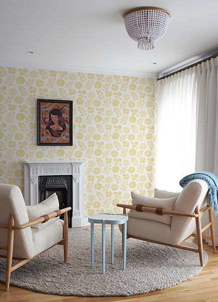 Inge Yellow Floral Block Print Wallpaper by A Street Prints