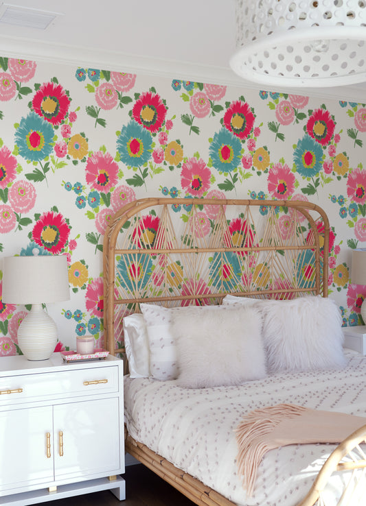 Essie Bright Pink/Teal Painterly Floral Wallpaper by A Street Prints