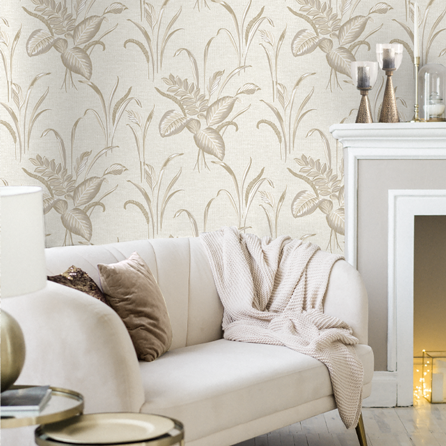 Palma Leaf White/Champagne Luxury Heavyweight Textured Wallpaper by Belgravia Décor