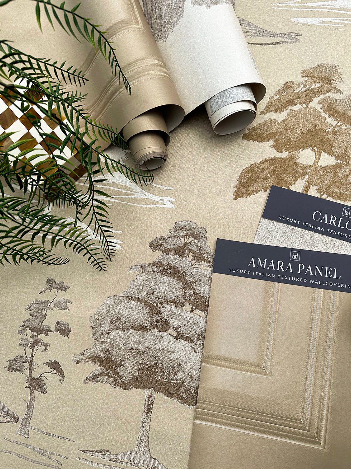 Carlotta Tree Champagne Italian Heavyweight Wallpaper Collection by Belgravia Décor