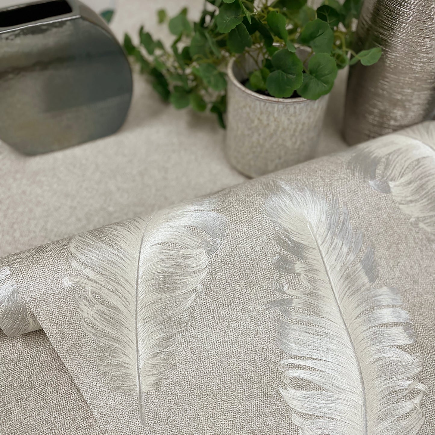 Ciara Soft Silver Glitter Feather Wallpaper by Belgravia Decor