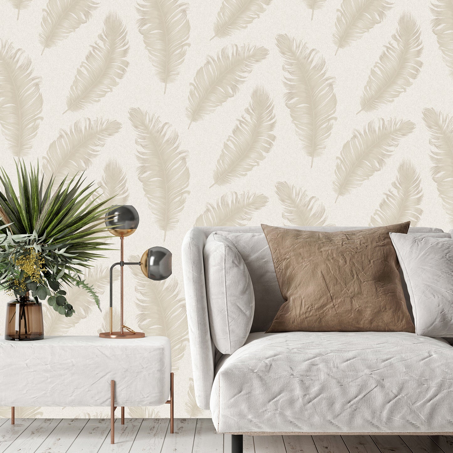 Ciara Cream/Soft Beige Glitter Feather Wallpaper by Belgravia Decor