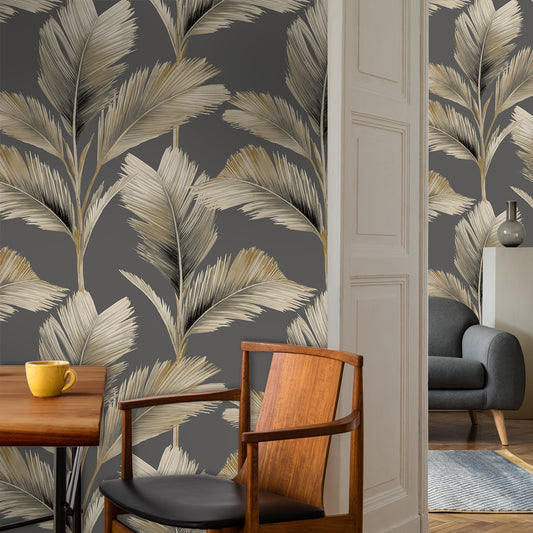 Kailani Leaf Charcoal/Natural Wallpaper by Belgravia Décor